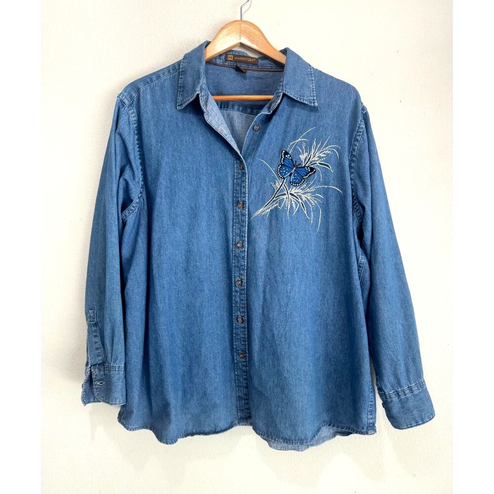 Harriton denim button up shirt embroidered butterfly 100% cotton casual women 2X